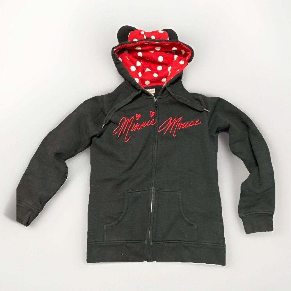 Disney Parks Minnie Mouse Full Zip Hoodie Jacket Women's Size XL Bow Hood Black